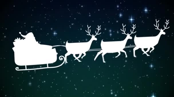 Animatie Van Kerstman Slee Met Rendieren Sterren Vallen Donkere Achtergrond — Stockvideo