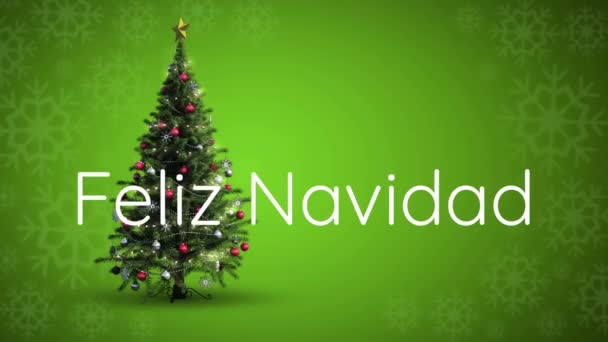 Animace Feliz Navidad Text Přes Vánoční Strom Sněhové Vločky Zeleném — Stock video