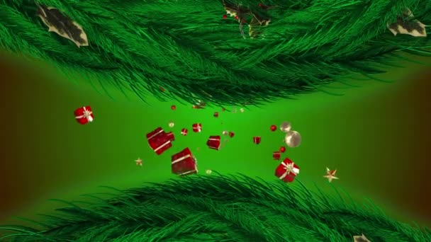 Animación Regalos Que Caen Sobre Ramas Abetos Sobre Fondo Verde — Vídeo de stock