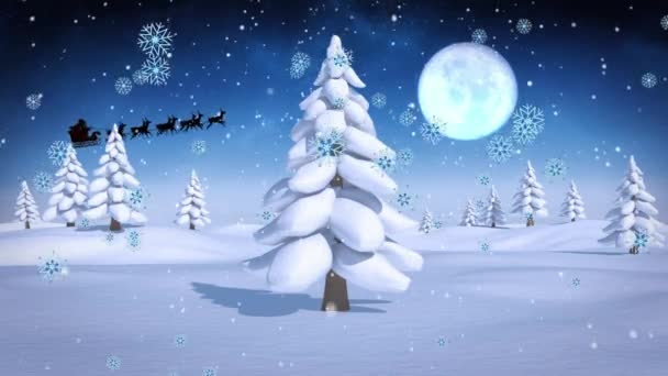 Анимация Санта Клауса Санях Северными Оленями Зимнем Пейзаже Рождество Традиции — стоковое видео