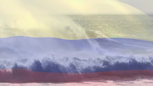 Animation Flagga Colombia Viftar Över Kraschar Vågor Havet Patriotism Självständighet — Stockvideo