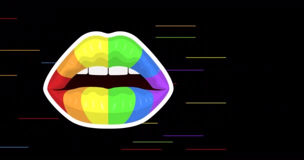黒を背景に虹色の口と虹色のストライプのアニメーション Lgbtq誇りと平等のお祝いの概念デジタル生成されたビデオ — ストック動画