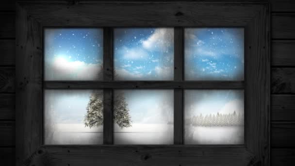 クリスマスツリーと冬の風景のウィンドウビューのアニメーション 窓からの眺めとクリスマスの装飾のアニメーション クリスマス 伝統とお祝いのコンセプトデジタルで生成されたビデオ — ストック動画