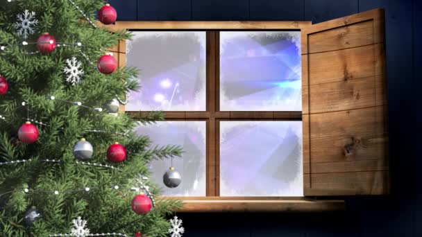 Kerstboom Houten Raamkozijn Tegen Digitale Golf Lichtvlekken Blauwe Achtergrond Kerstfeest — Stockvideo