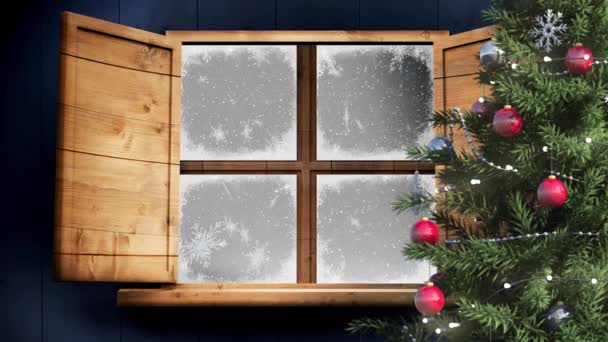 在灰蒙蒙的背景下 人们透过窗户看到了白雪下着的圣诞树的动画 圣诞节 传统和庆祝概念数字制作的视频 — 图库视频影像