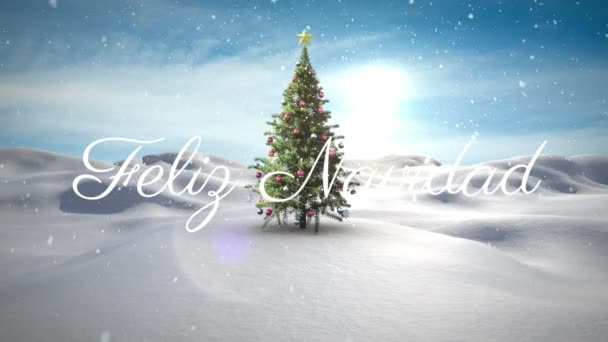 Feliz Navidad Text Snow Falling Christmas Tree Winter Landscape Christmas — Stock Video