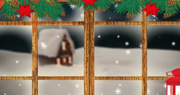 在冬夜的风景中 雪下的动画 透过窗户看到房子 圣诞节 传统和庆祝概念数字制作的视频 — 图库视频影像