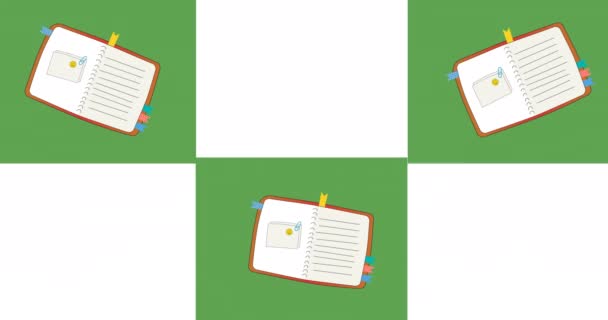 白を基調とした四角形とノートブックが動く緑の四角形のアニメーション 学校教育と研究の概念をデジタルで生成し — ストック動画