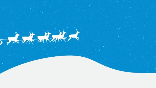 Animatie Van Kerstman Slee Met Rendieren Sneeuw Vallen Een Blauwe — Stockvideo