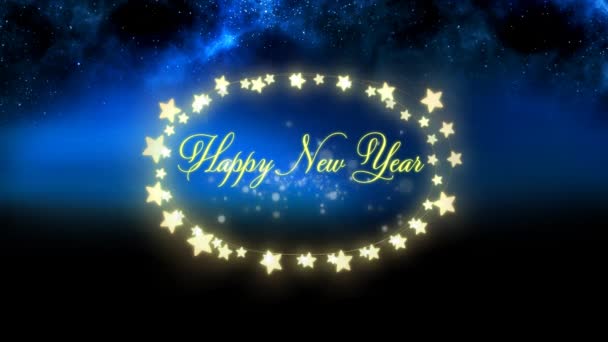 Happy New Year Text Yellow Glowing Star Shaped Fairy Lights — Stock Video