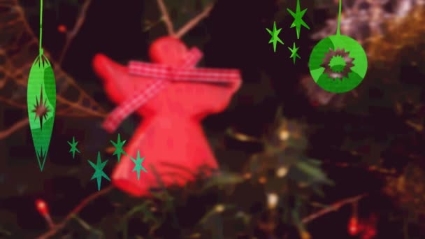 Animation Julhälsningar Och Julgranskulor Över Juldekorationer Jul Vinter Tradition Och — Stockvideo