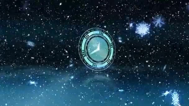 Neon Digital Clock Ticking Snowflakes Snow Falling Blue Background Christmas — Stock Video