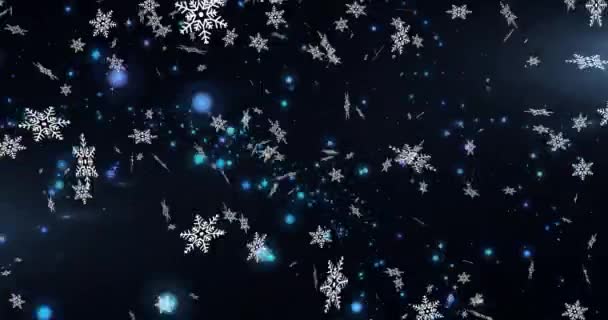 Digitale Animation Von Schneeflocken Die Gegen Blaue Lichtpunkte Auf Schwarzem — Stockvideo