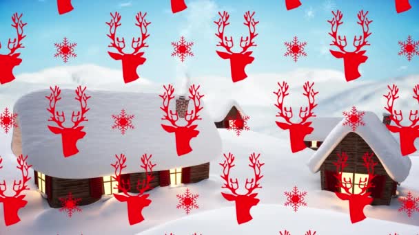 Animace Sněhových Vloček Sobů Nad Domy Zimní Krajině Vánoční Tradiční — Stock video