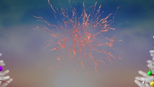 Animacja Choinek Nad Fajerwerkami Niebieskim Tle Boże Narodzenie Tradycja Koncepcja — Wideo stockowe