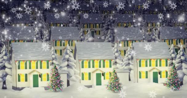 Animatie Van Sneeuw Vallen Nachts Winterlandschap Met Huizen Kerstmis Traditie — Stockvideo