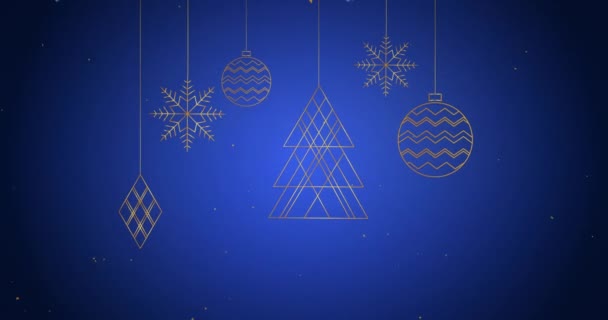 Süslemeler Noel Ağacı Simgeleri Mavi Arkaplanda Süzülen Beyaz Parçacıklara Karşı — Stok video