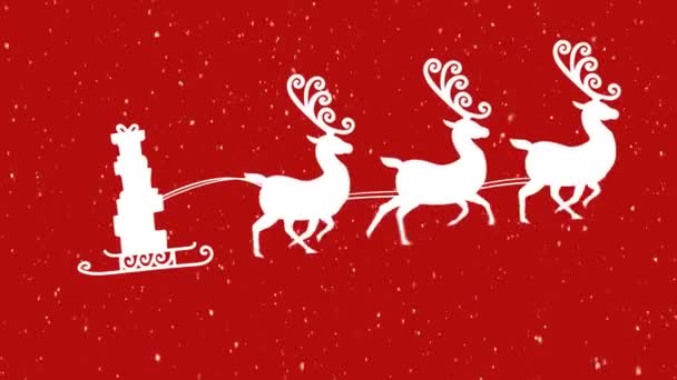 Sneeuw Valt Kerstcadeaus Slee Wordt Getrokken Door Rendieren Tegen Rode — Stockvideo