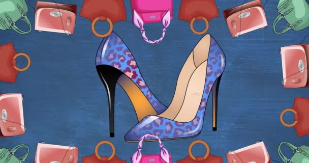 Animação Bolsas Ícones Sapatos Fundo Azul Moda Acessórios Fundo Conceito — Vídeo de Stock