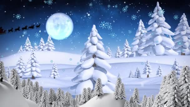 Animation Von Weihnachtsmännern Schlitten Mit Rentieren Schneefall Mond Und Weihnachtsdekoration — Stockvideo