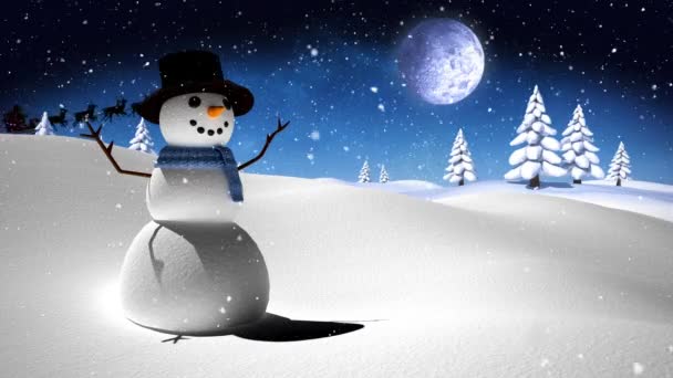 Анимация Санта Клауса Санях Северным Оленем Над Снеговиком Снегопадом Луной — стоковое видео