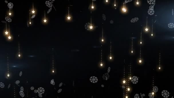 Піктограми Сніжинки Плавають Золотих Зірках Падають Чорний Фон Різдвяні Святкування — стокове відео