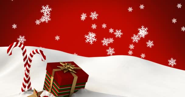 Animacja Śniegu Spada Laski Cukierków Boże Narodzenie Obecne Czerwonym Tle — Wideo stockowe