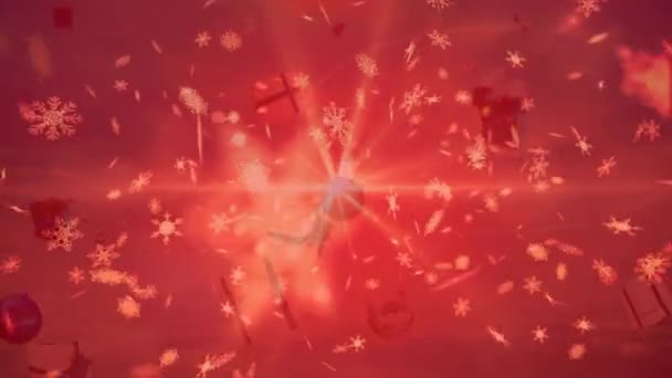 Animation Von Weihnachtsgeschenken Kugeln Und Schnee Die Mit Rotem Filter — Stockvideo