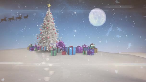 そりでプレゼントやサンタクラスと冬の風景のアニメーション クリスマス 伝統とお祝いのコンセプトデジタルで生成されたビデオ — ストック動画