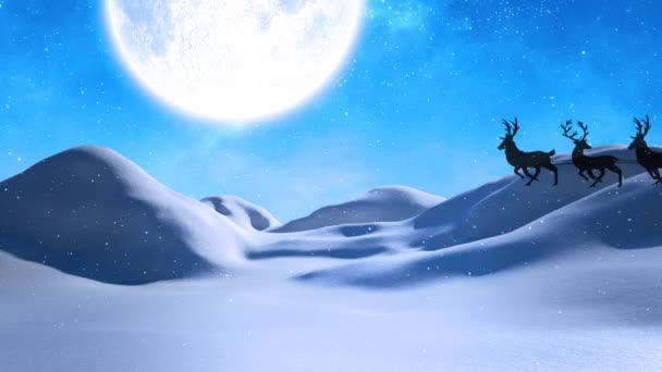Силуэт Санта Клауса Санях Тянут Северные Олени Над Снегом Падающим — стоковое видео