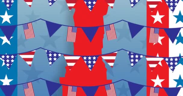 Animation Von Fahnengirlanden Über Freiheitsstatue Amerikanischer Patriotismus Unabhängigkeit Und Feierkonzept — Stockvideo