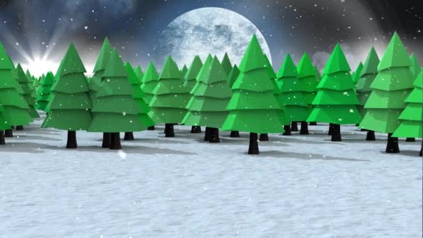 Sneeuw Valt Meerdere Boom Pictogrammen Het Winterlandschap Tegen Maan Aan — Stockvideo