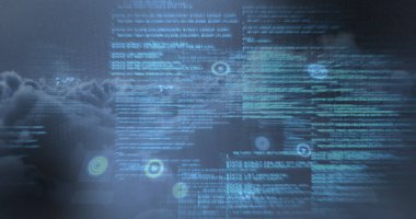 Bulanık gökyüzünde tarama ve veri işleme dürbünü görüntüsü. küresel bağlantılar, teknoloji ve dijital arayüz kavramı dijital olarak oluşturulmuş görüntü.