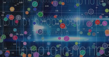 Arkaplanda dünya haritası üzerinde ikili kodlama olan dijital simgelerin ve veri işlemenin resmi. küresel bağlantılar ve dijital arayüz konsepti dijital olarak oluşturulmuş görüntü.