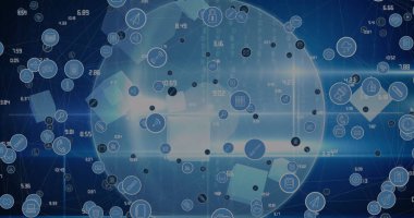 Arka planda dijital simgelerin ve kürenin görüntüsü. küresel teknoloji, bağlantılar ve dijital arayüz konsepti dijital olarak oluşturulmuş görüntü.