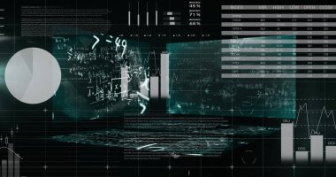 Siyah arkaplana karşı istatistiksel veri işlemesine karşı yüzen matematiksel denklemler. bilgisayar arayüzü ve teknoloji kavramı