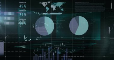Siyah arkaplana karşı istatistiksel veri işlemesine karşı yüzen matematiksel denklemler. bilgisayar arayüzü ve teknoloji kavramı