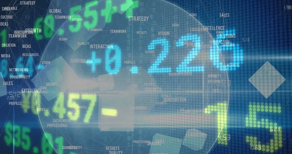 財務データ処理のイメージ 青色の背景に世界中のビジネステキスト 世界の財政とビジネス 接続とデジタルインターフェースの概念デジタルで生成されたイメージ — ストック写真
