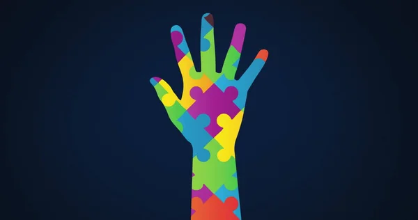 Obraz Wielokolorowe Elementy Układanki Tworzące Rękę Symbol Świadomości Autyzmu Miesiąc — Zdjęcie stockowe