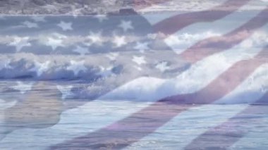 Denizde dalgalanan Amerikan bayrağının animasyonu. seyahat, tatiller, vatanseverlik ve dijital olarak üretilen video konsepti.