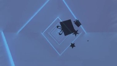 Mavi parlayan tünelin üstündeki QR kodu Noel hediyelerinin siluetine ve alışveriş arabası ikonuna karşı. Noel şenliği ve kutlama konsepti