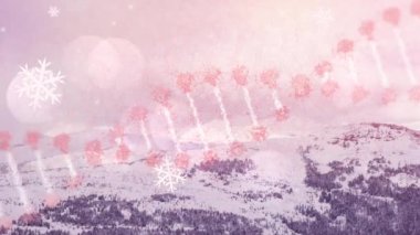 Düşen kar taneleri ve soğuk kış manzarası üzerinde dönen DNA iplikçikleri. Tıbbi araştırma teknolojisi ve soğuk iklim koşulları konsepti dijital olarak oluşturulmuş video.