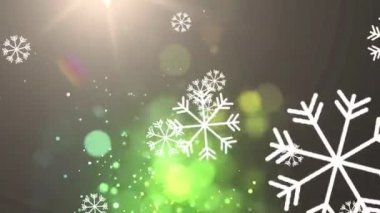 Siyah arka planda parlayan yeşil noktalar üzerinde kar tanelerinin canlandırılması. Noel, gelenek ve kutlama konsepti dijital olarak oluşturuldu.