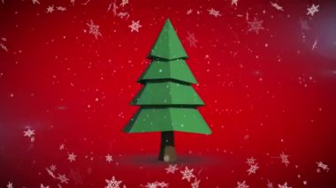 Kırmızı arka planda Noel ağacının üzerine düşen kar animasyonu. Noel, kış, gelenek ve kutlama konsepti dijital olarak oluşturulmuş video.