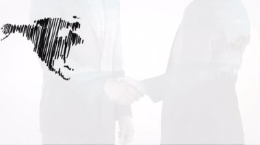 İş adamlarının el sıkıştığı dünya haritasının animasyonu. küresel iş, finans, bağlantılar ve dijital olarak üretilen video konsepti.