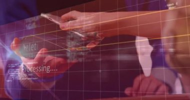 Akıllı telefon ödemesi ve şebeke yapan kadının veri işleme animasyonu. küresel teknoloji, bağlantılar ve dijital arayüz konsepti dijital olarak oluşturulmuş video.