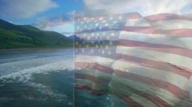 Sahilde dalgalanan ABD bayrağının animasyonu. seyahat, tatiller, vatanseverlik ve dijital olarak üretilen video konsepti.