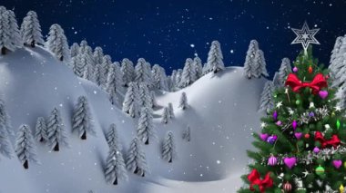 Mavi arka planda Noel ağacı olan kış manzarasının animasyonu. Noel, kış, gelenek ve kutlama konsepti dijital olarak oluşturulmuş video.