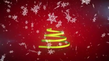 Sarı kurdele ve düşen karla oluşan Noel ağacı animasyonu. Noel, gelenek ve kutlama konsepti dijital olarak oluşturuldu.