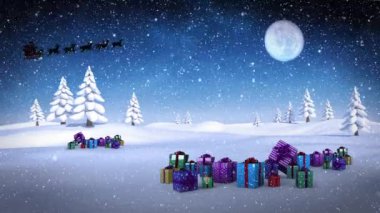 Kış manzarasında yağan karın animasyonu. Pencere manzarası ve Noel dekorasyonu animasyonu. Noel, kış, gelenek ve kutlama konsepti dijital olarak oluşturulmuş video.